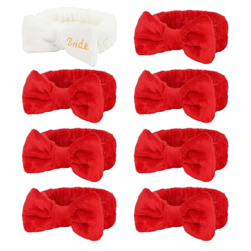 Semato Bachelorette Party Favor Set Bride Spa Headband Bride Headband and Bridesmaid Headband Skincare Headbands for Women Cute Bow Head Bands Party Supplies (1 bride+ 7 red)