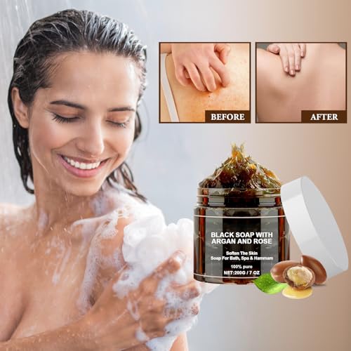 Morocco Black Soap With Argan And Rose, Zawina Moroccan BlackSoap Hammam, Zawina Morocco Black Beldi Soap, ZawinaBlack BeldiSoap Kessa Glove (2 PCS)