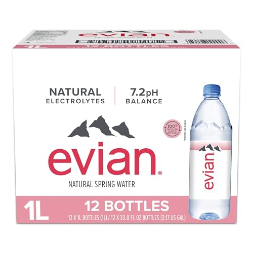 Evian Natural Spring Water (One Case of 12 Individual Bottles, each bottle is 1 liter) Naturally Filtered Spring Water in Large Bottles