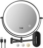 Magnifying Mirror with Lights 1x/15x Rechargeable: 8.5 inch Wall Mounted Lighted Makeup Mirror for Bathroom
