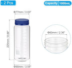 PATIKIL 2 Pack Reagent Media Storage Bottles, 1000ml Borosilicate Glass Wide Mouth Graduated Round Bottles with GL32 Blue Screw Cap for Lab Water Reagent Liquids, Clear