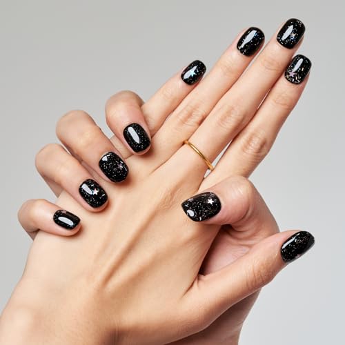 GLAMERMAID Press on Nails Extra Short Squoval, Spring Summer Handmade Glitter Black Star Gel Glue on Nails, 24Pcs Glossy Round Reusable UV Finish Fake Nails Acrylic False Nails Manicure Kits for Women