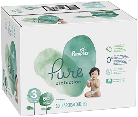 Diapers Size 3, 60 Count - Pampers Pure Protection Disposable Baby Diapers, Hypoallergenic and Unscented Protection, Super Pack (Old Version)