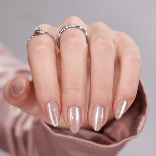 BTArtbox Press On Nails Almond - Soft Gel Fake Nail with Nail Glue, Reusable Opaque Short Stick On Nails in 16 Sizes Nail Kit for Gift Idea, Aurora Cat Eye