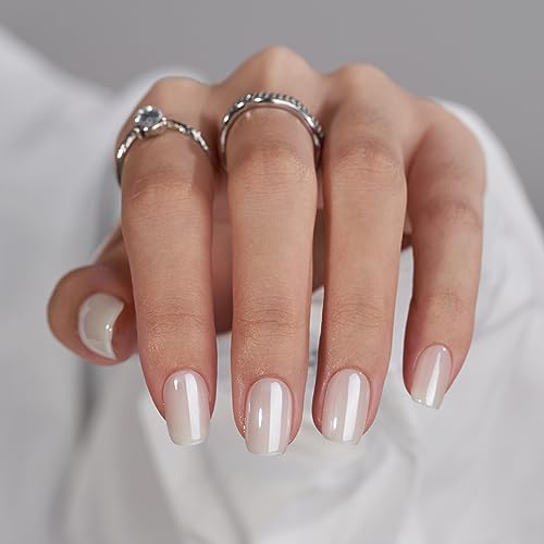 BTArtbox Press On Nails Short - White Soft Gel Press On Nails, Square Chrome Nail Tips Glue On Nails, Reusable Stick On Nails in 15 Sizes - 30 Soft Gel Fake Nails Kit, Vanilla Glazed