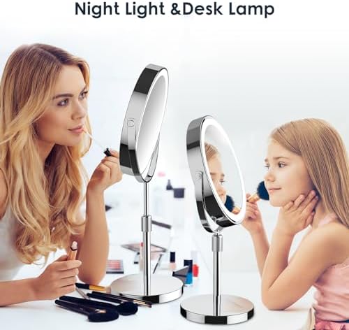 Makeup Mirror with Lights, Height & Brightness Adjustable Lighted Makeup Mirror with 10x Magnification, 8" Rechargeable Double Sided Vanity Mirror with 3 Colors Lights