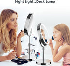 Makeup Mirror with Lights, Height & Brightness Adjustable Lighted Makeup Mirror with 10x Magnification, 8" Rechargeable Double Sided Vanity Mirror with 3 Colors Lights