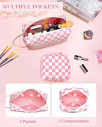2Pcs Makeup Bag for Women, Large Checkered Cosmetic Bags with Small Makeup Brushes Bag Set, Cute Leather Make Up Orgnizer with Zipper, Travel Skincare Toiletry Storage Bag for Teens Girls Gifts(Brown)