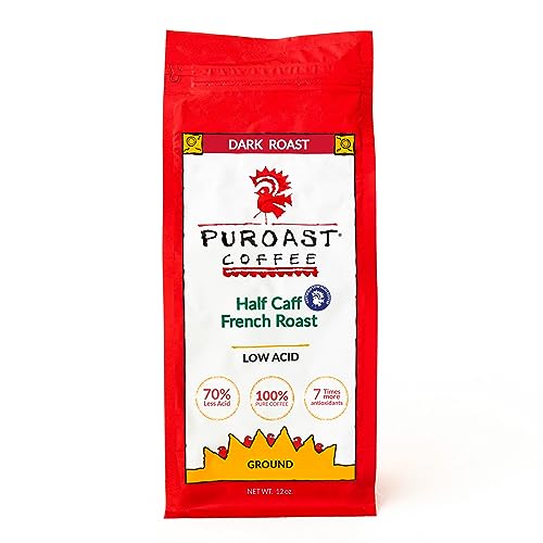 Puroast Low Acid Coffee Ground Half Caff French Roast, Dark Roast, Certified Low Acid Coffee, pH 5.5+, Gut Health, 12 oz., Higher Antioxidant, Smooth for Espresso, Iced Coffee