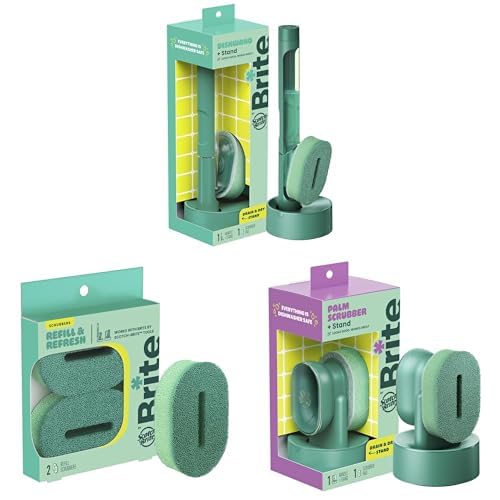 Brite by Scotch-Brite Cleaning Kit, Includes Fillable Dishwand with Drain + Dry Stand,Palm Scrubber with Drain + Dry Stand & Refill Sponges