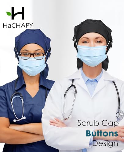 Large Satin Lined Scrub Cap for Women Long Hair Nurse Head Cap Surgical Bonnet 4 Buttons
