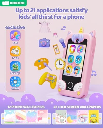 KOKODI Kids Smart Phone, Touchscreen HD Dual Camera Cell Phone for Kids, Christmas Birthday Gifts Dinosaur Child Play Phone for Girls 3-10, Travel Toy Preschool Learning Education Toy