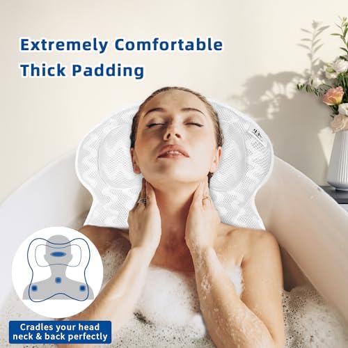 Bath Pillow, Bath Pillows for Tub Neck and Back Support, Bathtub Pillows for Head and Neck with 6 Strong Non-Slip Suction Cups, 4D Air Mesh, Bath Accessories Spa Gifts for Women(White+Grey)