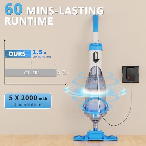 LANCHEZ Cordless Pool Vacuum with Telescopic Pole, Wide Vacuum Head, Handheld Rechargeable Pool Cleaner, 1H Run Time, 18 GPM for Sand, Silt & Leaves in Inground & Above Ground Pools, Hot Tub and Spa