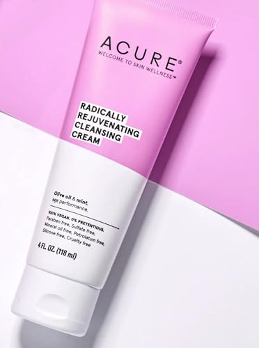 Acure Radically Rejuvenating Cleansing Cream - Foaming Creamy Facial Cleanser - Moisturizing Benefits of Olive Oil, Cocoa Butter and the Soothing Deep Cleanse of Mint - 4 oz