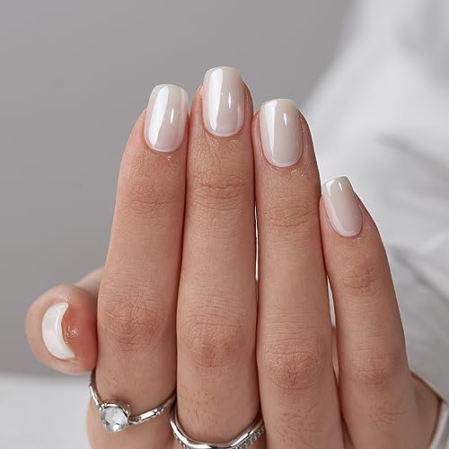 BTArtbox Press On Nails Short - White Soft Gel Press On Nails, Square Chrome Nail Tips Glue On Nails, Reusable Stick On Nails in 15 Sizes - 30 Soft Gel Fake Nails Kit, Vanilla Glazed