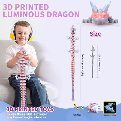 Large 3D Printed Dragon,30 Inch 3D Dragon Toys,Bigger Fidget Crystal Animals Toys, 3D Printed Articulated Animals for Home Office Car Desk Decor (Colorful Luminous, 30 inch)