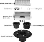 EXF 6 Inch Square Shower Drain Chrome, Stainless Steel Shower Floor Drain Kit with ABS Flange, Removable Grid Cover, Hair Strainer