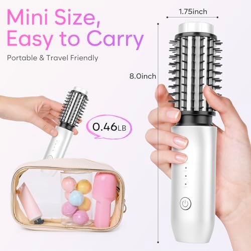 Cordless Curling Iron Brush, 2024 New Portable Travel Curling Iron Mini Brush for Women, 7000Mah USB Rechargeable Curling Wand Brush with Negative Ion, White