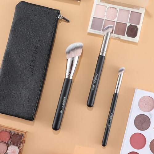 ENERGY Angled Makeup Brushes Set Vegan Powder Foundation Bronzer Nose Contour Concealer Makeup Brush for Liquid Cream Setting Powders Blending with Travel Bag