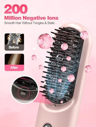 Portable Cordless Hair Straightener Brush for Travel,Mini Hair Straightener Comb with Negative Ion,Hair Straightener Brush Hot Comb for Women, Rechargeable 9600mAh Battery,12 Temp-Setting,Pink