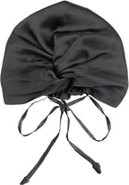 100% Mulberry Silk Sleep Bonnet, Double Layer Silk Turban, Shower Cap, 8 Colors (Black Bonnet With Adjustable Strap)