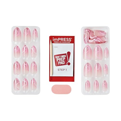 KISS imPRESS No Glue Mani Press-On Nails, Design, 'Wild Venus', Pink, Medium Size, Almond Shape, Includes 30 Nails, Prep Pad, Instructions Sheet, 1 Manicure Stick, 1 Mini File