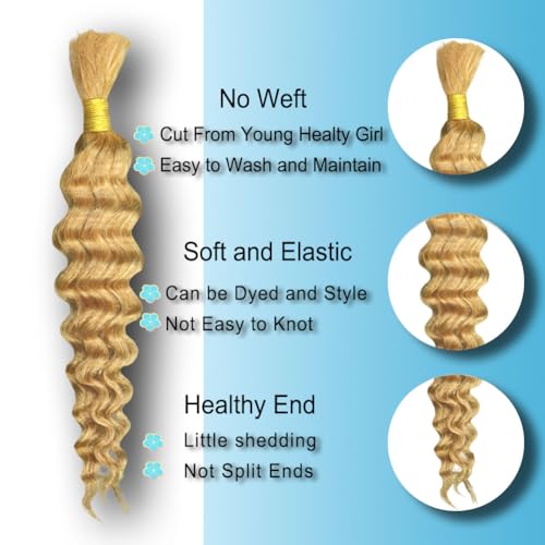 #27 Honey Blonde 14 Inch 1 Bundle 50g Deep Curly Wave Bulk Human Hair for Braiding Unprocessed Brazilian Water Wave Human Braiding Hair for Boho Braids Wet and Wavy