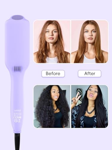 LANDOT Hair Straightener Brush Heated Straightening Brush: Negative Ion Hot Hair Brush Straightener for Smooth Frizz-Free Hair - Dual Voltage Ceramic Straightening Brush