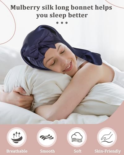 AWAYTR 100% Mulberry Silk Bonnet - Long Hair Cap for Sleeping Tie Band Bonnet for Braids Curly Hair