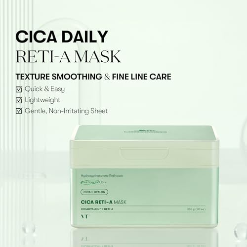 VT COSMETICS CICA Reti-A Mask Sheet 30 Pcs, Retinol Complex for Daily Care, Instant Glow Mask, Easy & Quik, Gentle for All Skin, Korean Skincare