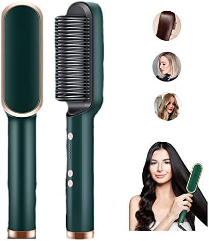 2023 Negative Ion 2-in-1 Heated Styling Brush and Curler, 5 Temperature Settings, Portable Electric Hair Straightener with 10s Fast Heating and Anti-Scald (Green)