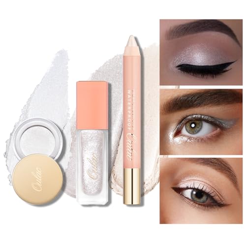 Oulac 3PCS White Eyeshadow Makeup Set-White Cream Eye Shadow-White Eye Pencil-White Liquid Glitter Eyeshadow, Waterproof &Long Lasting Brightener Highlighter Eyeliner Crayon Make up