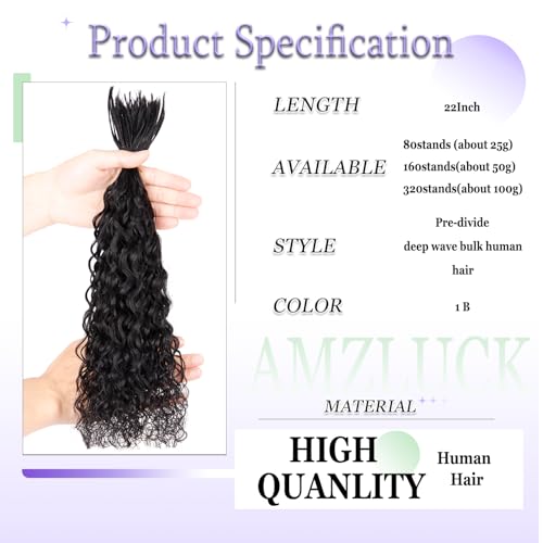 Pre-Divided Human Braiding Hair for Boho Braids Water Deep Wave Human Hair Bulk for Braiding Curly Human Hair for Boho Locs Boho Crochet Braids Human Hair Extensions (1B, 22"-160Strands)