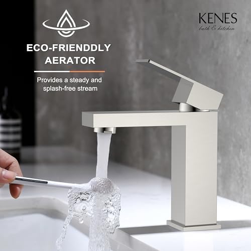 KENES Single Handle Bathroom Sink Faucet, Brushed Nickel Vanity Faucet for Bathroom Sink, with Pop Up Drain Stopper & Water Supply Lines LJ-9031
