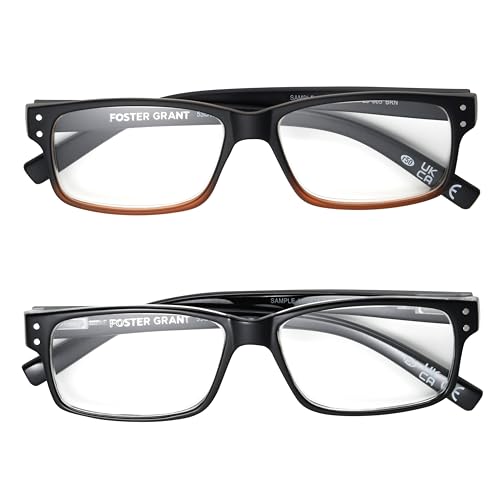 Foster Grant Men's Rowan 2-Pack Square Reading Glasses, Black- Brown Fade, Black, 37.5 mm, 1.5 Diopters