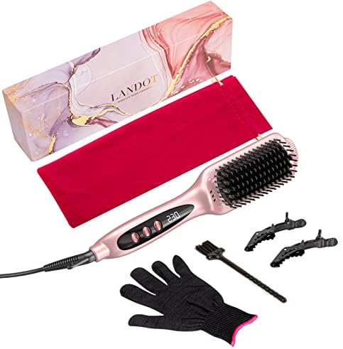 LANDOT Ceramic Hair Straightener Brush: Negative Ion Heated Straightening Brush for Smooth Frizz-Free Hair - Dual Voltage 100-240V Fast Heating Ajustable Temp 250°F-450°F