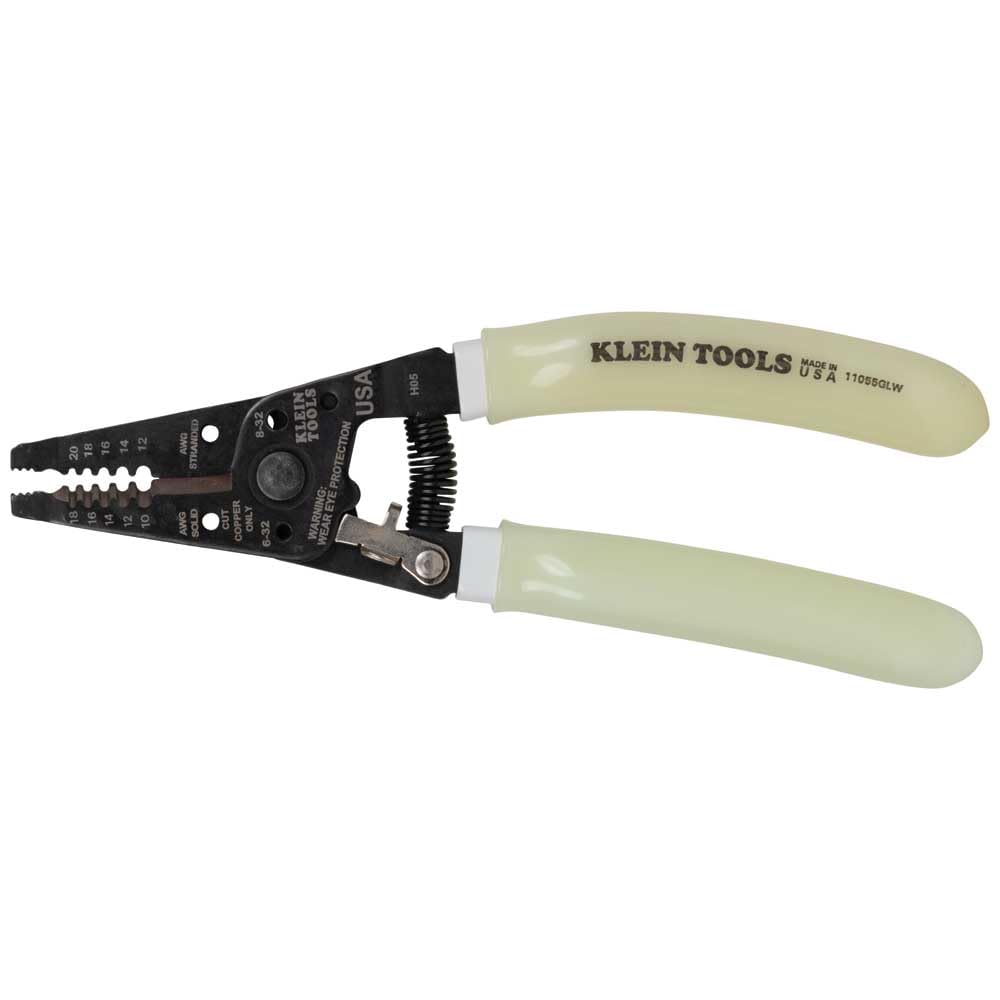 Klein Tools 11055GLW Wire Stripper / Cutter, Made in USA, Klein-Kurve Stripper / Cutter, 10-18 AWG Solid, 12-20 AWG Stranded Wire, Glow in the Dark Grips