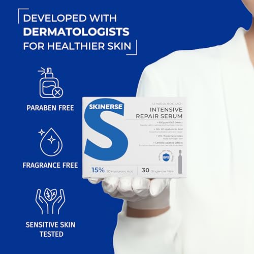 Intensive Repair Serum, 15% Hyaluronic Acid Serum with Ceramides and Centella Extract, Barrier Repair Redness Reilef Rosacea Treatment for Face Sensitive Acne Prone Skin, 30 Vials