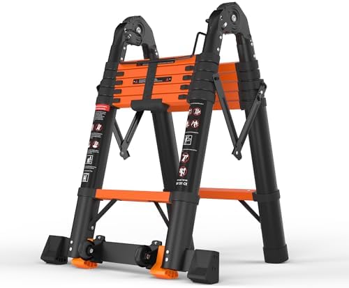 12.5FT Telescoping Ladder A Frame, Portable Extension Folding Ladder, Multi-Purpose Compact Telescopic Ladder for Household or Outdoor Work, 330lbs Max Capacity
