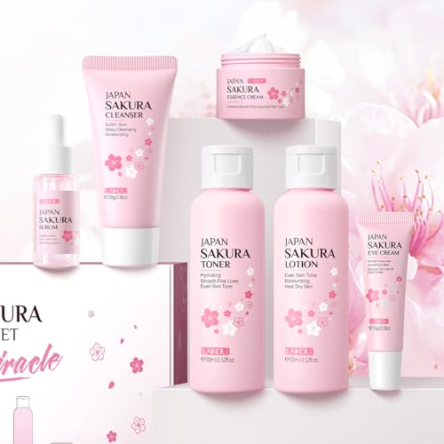 Skin Care Set JAPAN SAKURA Women Beauty Gift Sets Skin Care Kit with Cleanser, Toner, Lotion, Serum, Eye Cream, Face Cream Travel Kit for Women Teen Girls Mom Daughter TSA-friendly Sizes 6pcs
