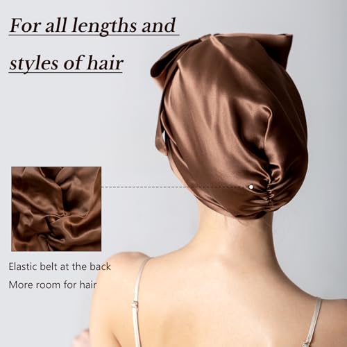 22 Momme 100% Mulberry Silk Sleep Cap for Women, Pure Mulberry Hair Bonnet, Anti-Frizz Head Wrap with Elastic Stay On Head, Dark Brown
