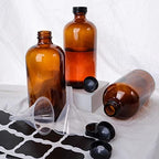 12 Pack 16 oz Amber Boston Round Glass Bottles with Black Caps for Secondary Kombucha Fermentation and Lab Chemicals (2 Funnels and 20 Pieces Black Chalkboard Labels Included)