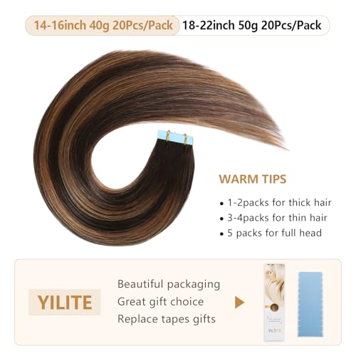 YILITE Tape in Hair Extensions Human Hair #2-6-2 Straight Hair Balayage Darkest Brown Roots Fading to Darkest Brown 24 Inch(Pack of 20) #2-6-2 Balayage Dark Brown to Chestnut Brown