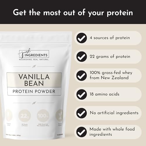 Just Ingredients Protein Powder | Vanilla Protein Powder Made with 100% Grass Fed, Non Denatured Whey | Four Different Protein Sources from Organic Whole Food Ingredients | 15 Servings | 22g Protein