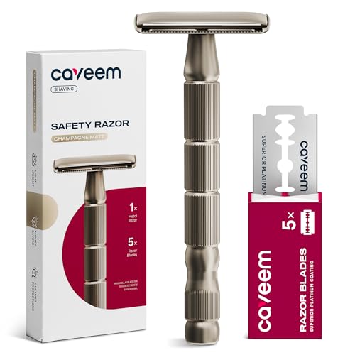 Double-Edge Safety Razor, Single-Blade Razors with 5 Stainless Steel Razor Blades for Men and Women, Reusable Metal Razor – Champagne Matt