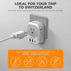 Switzerland Power Adapter 2 Pack, TESSAN Type J Adaptor with 4 Outlets 3 USB Charging Ports(1 USB C), Swiss Travel Plug for US to Switzerland, Liechtenstein, Rwanda