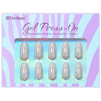 BTArtbox Press On Nails Almond - Chrome French Tip Press on Nails, White Glue On Nails for Gifts, Natural Reusable Glazed Stick On Nails in 15 Sizes - 30 Fake Nails Kit, White Swan