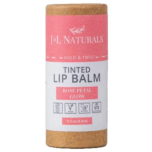 J&L Naturals Tinted Lip Balm | Vegan & Cruelty Free Lip Stain | Zero Waste Makeup | Plastic-Free, Hydrating & Moisturizing Lip Tint | Made in US (Single (1-Pack), Rose Petal Glow)