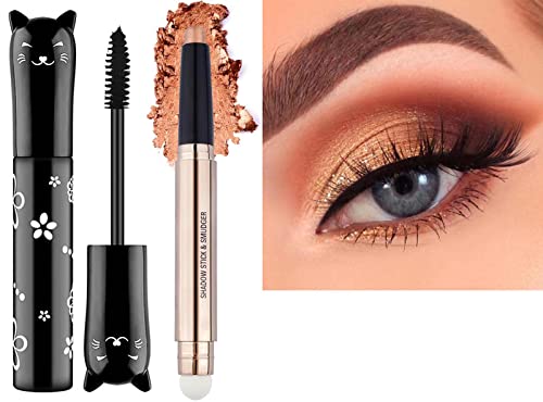 2 Pack Eyeshadow Stick and Cat Eye Black Mascara Set, Cream Shimmer Smooth Eyeshadow Pencil, Waterproof Hypoallergenic Volumizing Lengthening Mascara, Multi-Dimensional eyes Look